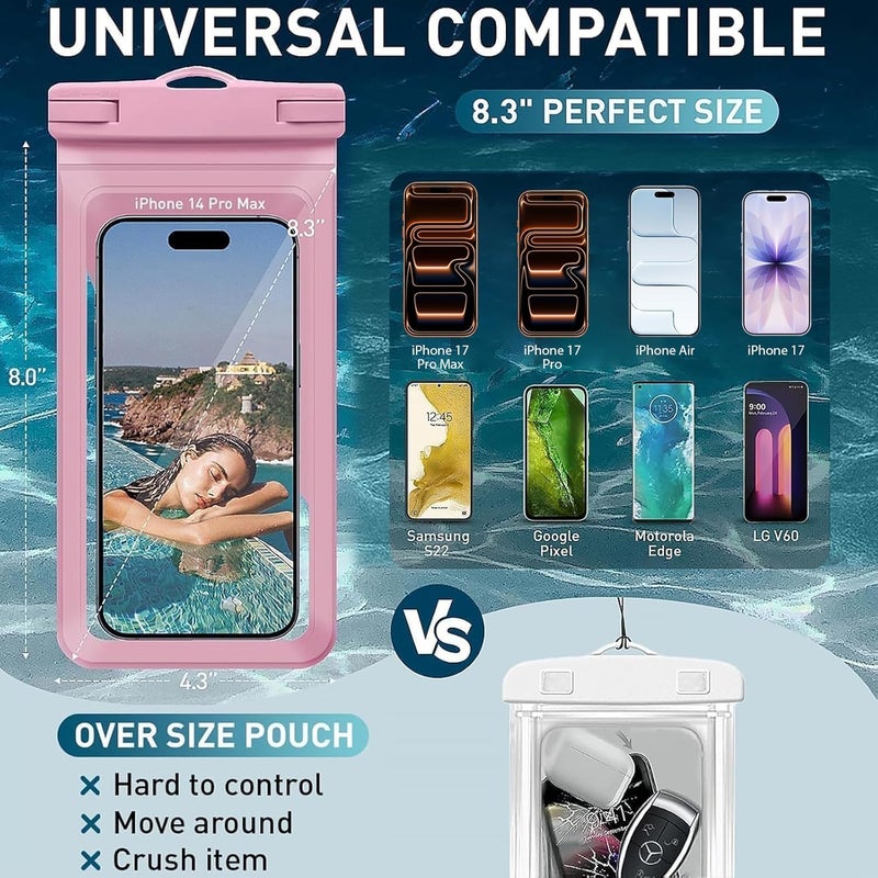 Vsagier Waterproof Phone Pouch,with Inside Card Bag, Large Waterproof Case for iPhone 17 16 15 14 Pro Max,IPX8 Certified and Lightweigt Cellphone Dry Bag Beach Cruise Ship Essentials, 1 Pack-Pink-8.3″ - Image 2